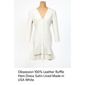 Vintage Obsession 100% Leather Ruffle Hem Dress Satin Lined White L/XL